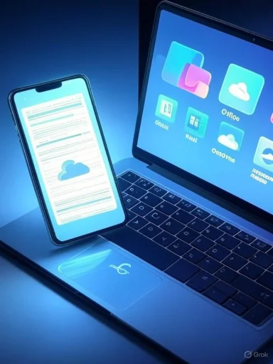 Phone and laptop showing cloud storage syncing between devices.