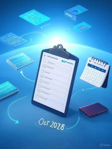 Futuristic planning scene featuring a clipboard, calendar, and floating digital screens around a blue globe.