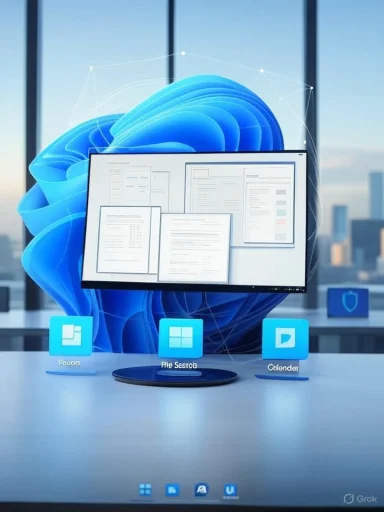 Futuristic Windows-style desktop with a large curved monitor and blue abstract wallpaper.