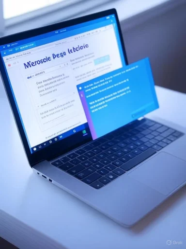 A silver laptop on a white desk with two overlapping windows: a document and a blue panel.