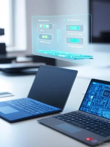 A blue holographic display floats above two laptops, showing a futuristic UI.