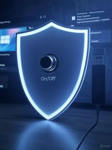 A glowing shield-shaped device with an On/Off knob on a desk.