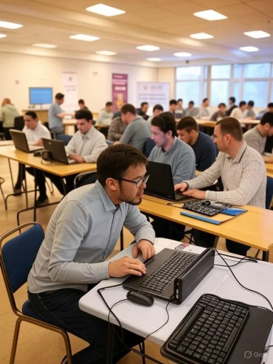 A classroom full of people working on laptops in a bright computer lab.