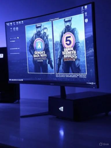 A blue-lit desk setup with a monitor displaying two game posters of armored soldiers.