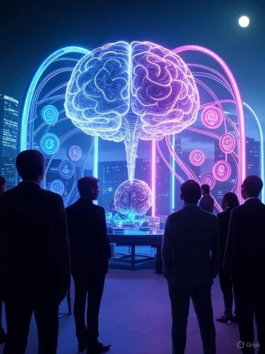 Businesspeople gaze at a glowing neon brain hologram in a futuristic cityscape.