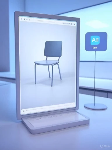 A chair is displayed on a tall vertical screen in a modern showroom.