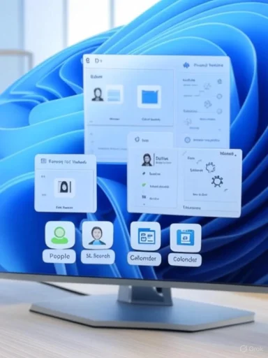 A monitor displays floating Windows-style app tiles on a blue abstract background.