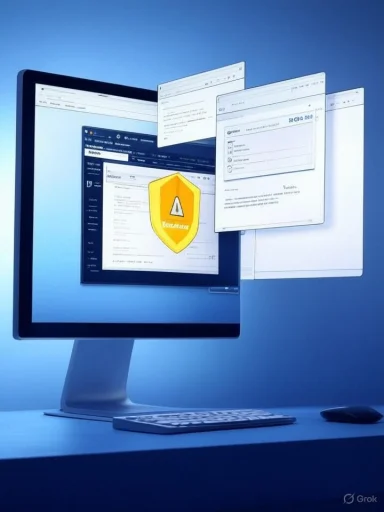 A computer screen shows floating windows and a yellow shield warning.
