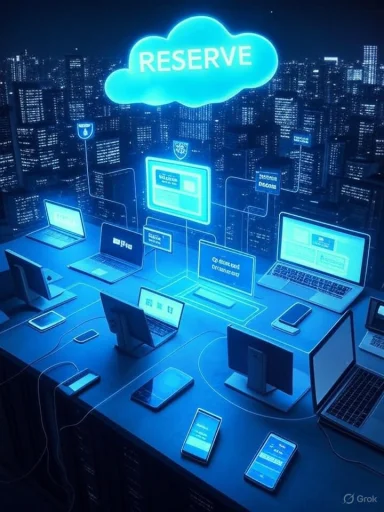 A futuristic tech workspace with many laptops and phones connected by glowing blue lines beneath a RESERVE cloud.