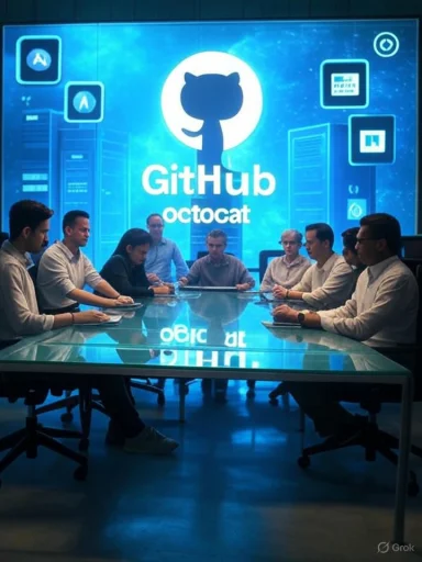 A team meeting around a glass table beneath a giant GitHub Octocat display.