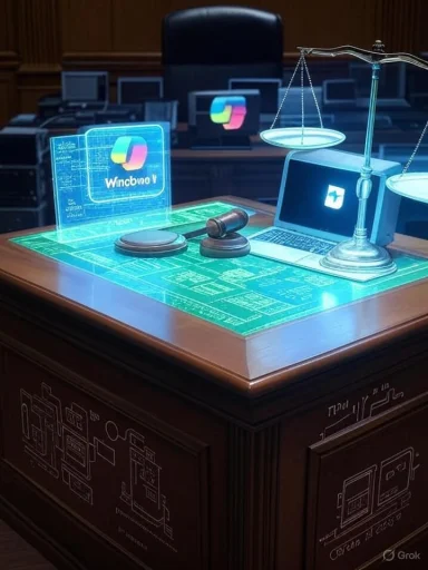Futuristic courtroom desk with holographic screens, scales, a gavel, and a laptop.