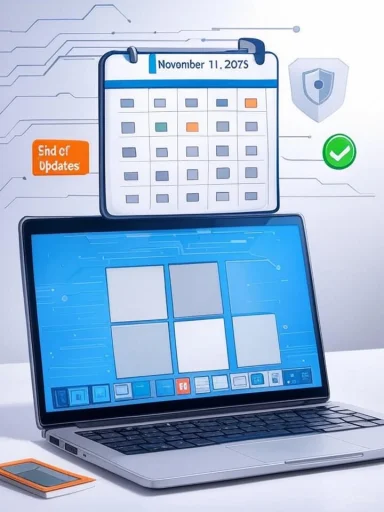 Laptop displaying a calendar and digital UI amid circuit-themed security graphics.