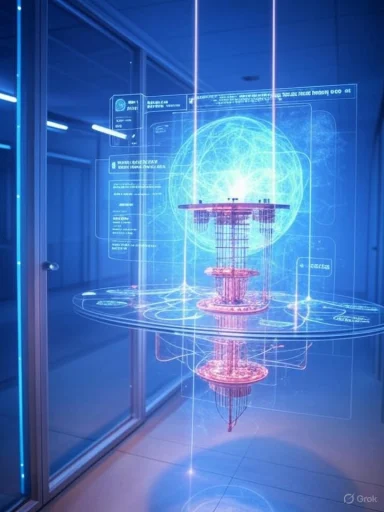 Blue holographic 3D model projected over a circular platform in a high-tech laboratory.