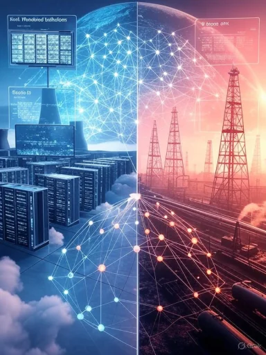 Split-screen image showing a blue data center on the left and an orange oil field on the right, connected by a glowing network.