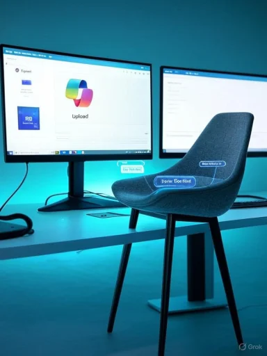 Two computer monitors on a desk illuminate a blue-lit workspace with a modern gray chair.