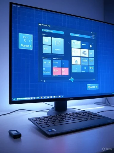 Blue-tinted desktop setup with a large monitor showing a grid UI, a keyboard, and a USB drive.