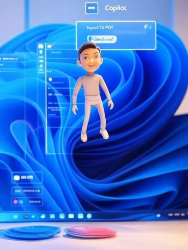 A 3D cartoon avatar floats in front of a blue Windows-like screen showing Copilot UI.