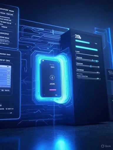 A futuristic data center with glowing blue circuits and neon panels around a central device.