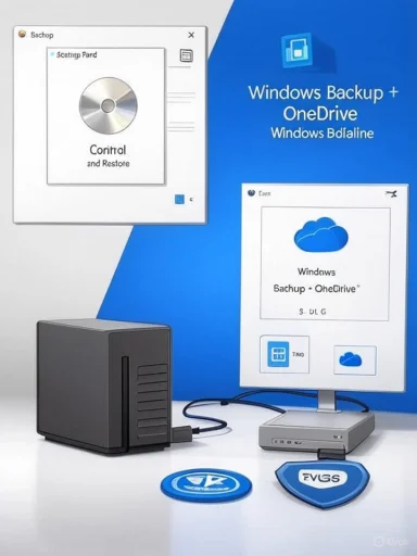 A PC setup showing Windows Backup + OneDrive with an external drive and monitors.