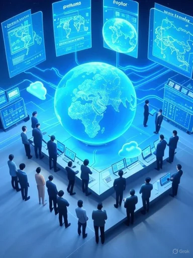 A futuristic control room with a glowing globe at the center and professionals analyzing global data.
