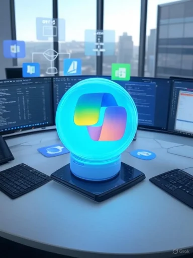A futuristic office setup with a glowing blue orb centerpiece surrounded by multiple monitors.