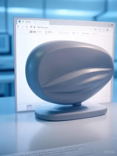A smooth, gray oval sculpture on a pedestal sits in front of a computer monitor.