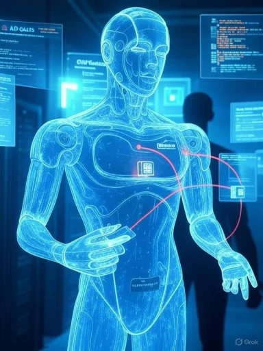 A glowing blue holographic humanoid robot displays circuits and data in a high-tech lab.