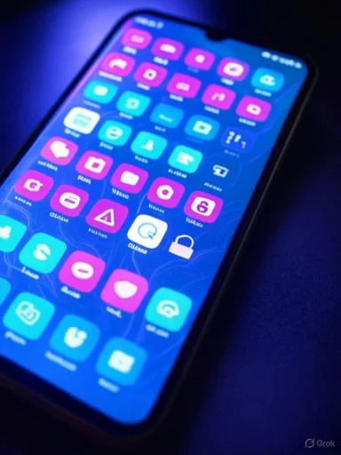 Close-up of a smartphone screen glowing with vibrant, colorful app icons.