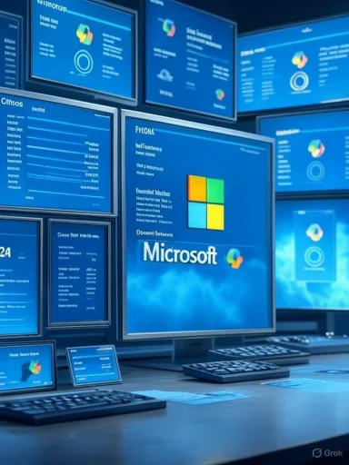 A wall of blue computer screens shows Microsoft Windows dashboards and data.