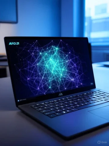 A laptop on a blue-lit desk shows a neon neural-network web on its screen.