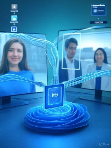A blue-lit tech sculpture with a glowing coil and chip, set against screens showing people.