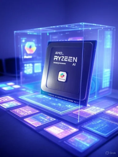 A Ryzen AI processor is showcased in a glass display with neon holographic panels.