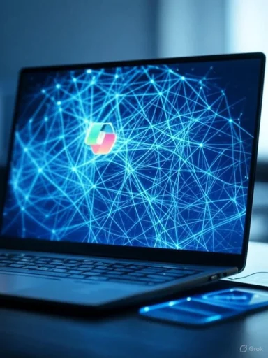 Laptop screen shows a blue interconnected-network pattern with a colorful logo in the center.