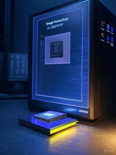 A microchip sits on a neon-lit platform beside a blue-lit, futuristic display.