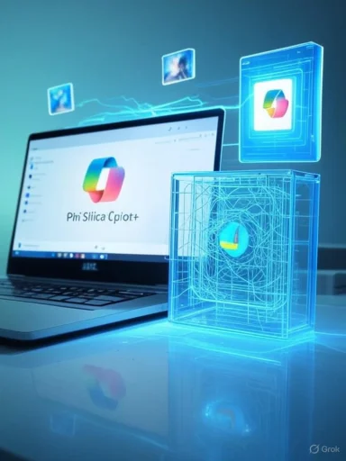 A futuristic desk with a glowing 3D holographic cube beside a laptop displaying a colorful logo.