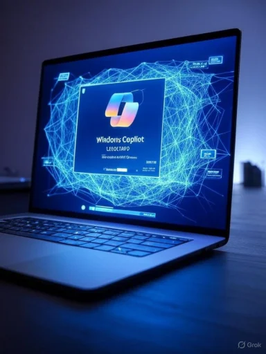 A laptop displays a glowing blue network visualization with a central logo panel.