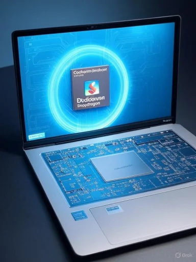 Futuristic laptop with exposed blue circuitry and a glowing circular ring on the screen.