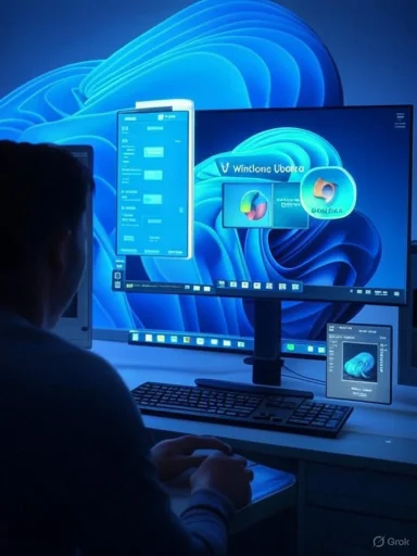 Person sits at a desk with multiple monitors showing a blue Windows wallpaper.