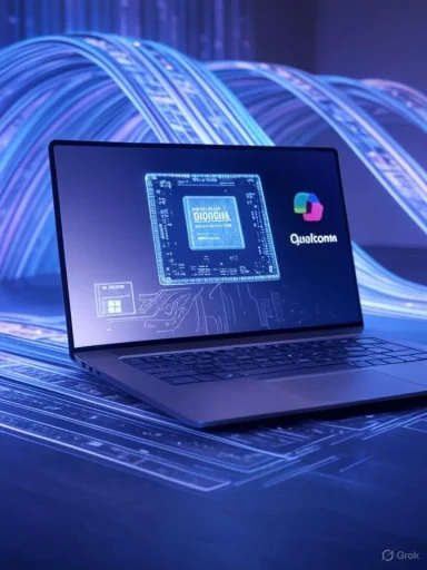A laptop displays a blueprint-like processor with a Qualcomm logo against a glowing blue circuit backdrop.