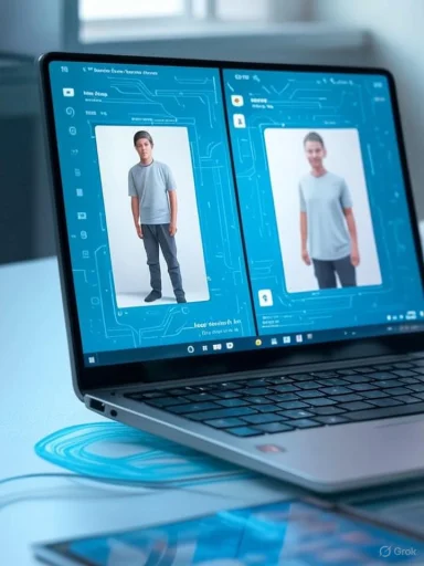 A laptop screen shows two digital avatars in a blue circuitry-themed interface.