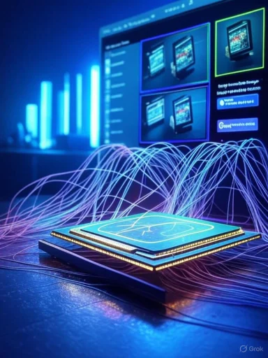 A neon-lit processor stack connected by blue cables in a high-tech lab.