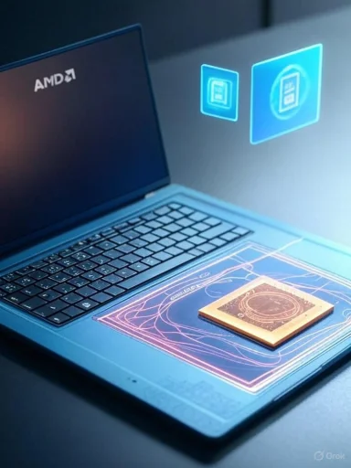An AMD laptop with floating holographic icons and a processor resting on a blue circuit-pattern mat.