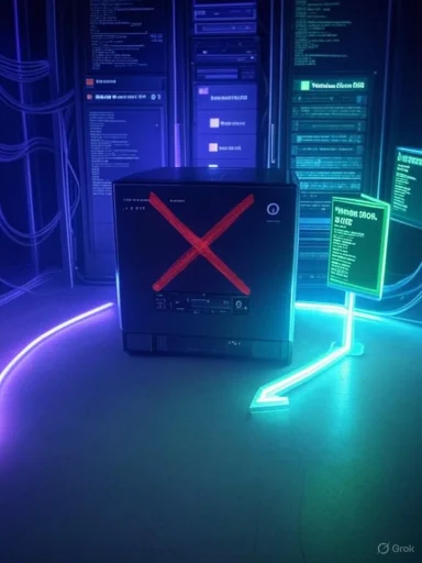 Neon-lit server room featuring a vintage PC tower with a large red X on its front.