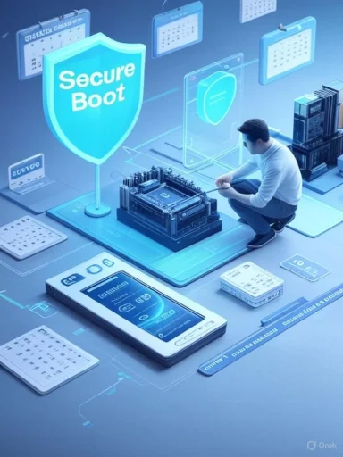 A technician configures a motherboard in a futuristic setup with a glowing “Secure Boot” shield.
