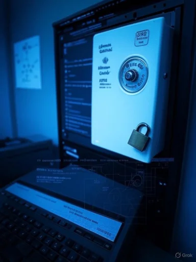 Blue-toned desk setup with a safe-like device and padlock attached to a monitor.