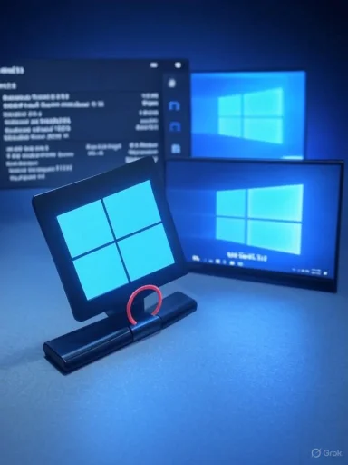 A small Windows display on a stand in front of larger Windows screens.