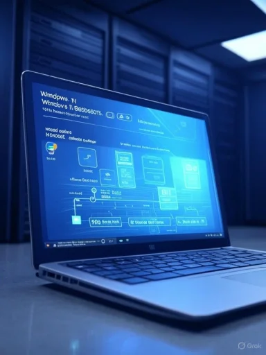 A laptop glows with a blue data-flow diagram in a server room.