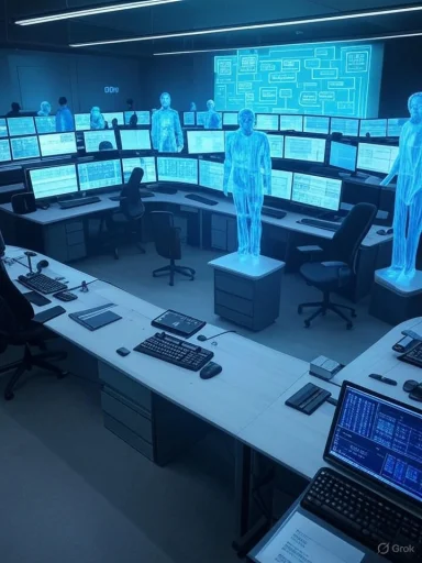 A futuristic control room with blue holographic figures and rows of monitors.