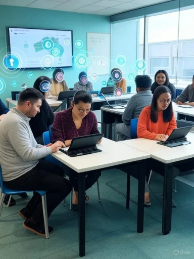 Adults in a modern classroom work on tablets during a tech training session.