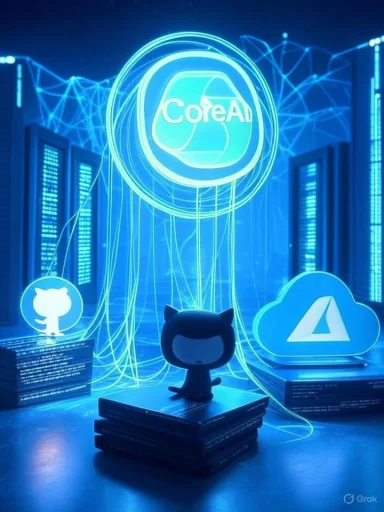 Blue neon data-center scene with CoreAI logo, GitHub and Azure icons, and a tiny cat figure on stacked books.